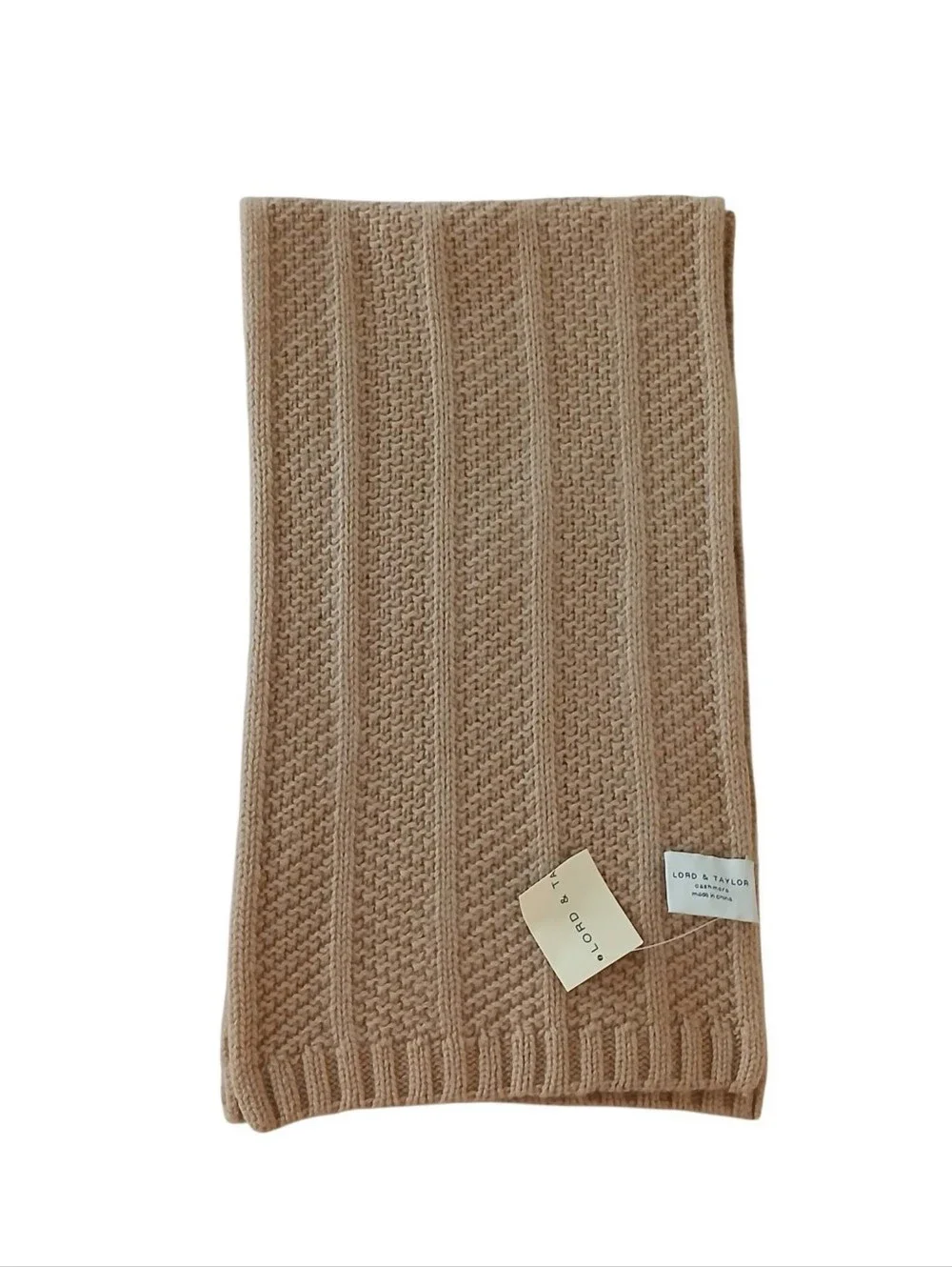 NEW Lord & Taylor 100% Cashmere Cable Knit Scarf Camel Tan Quiet Luxury Neutral